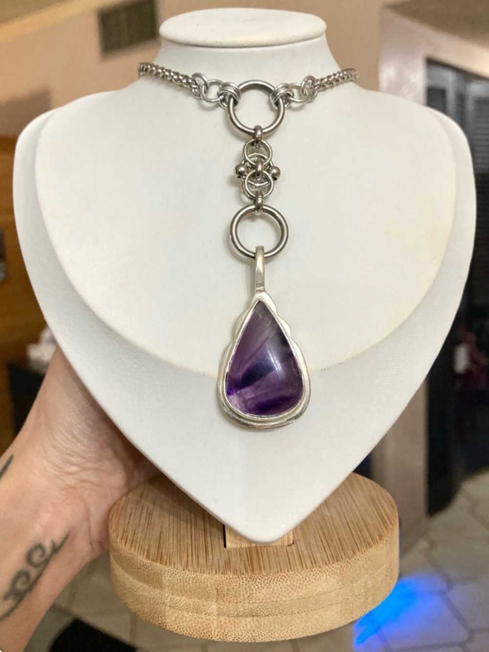 925 sterling silver amethyst charm on steel y shape Celtic knot chain - Picture 12 of 14